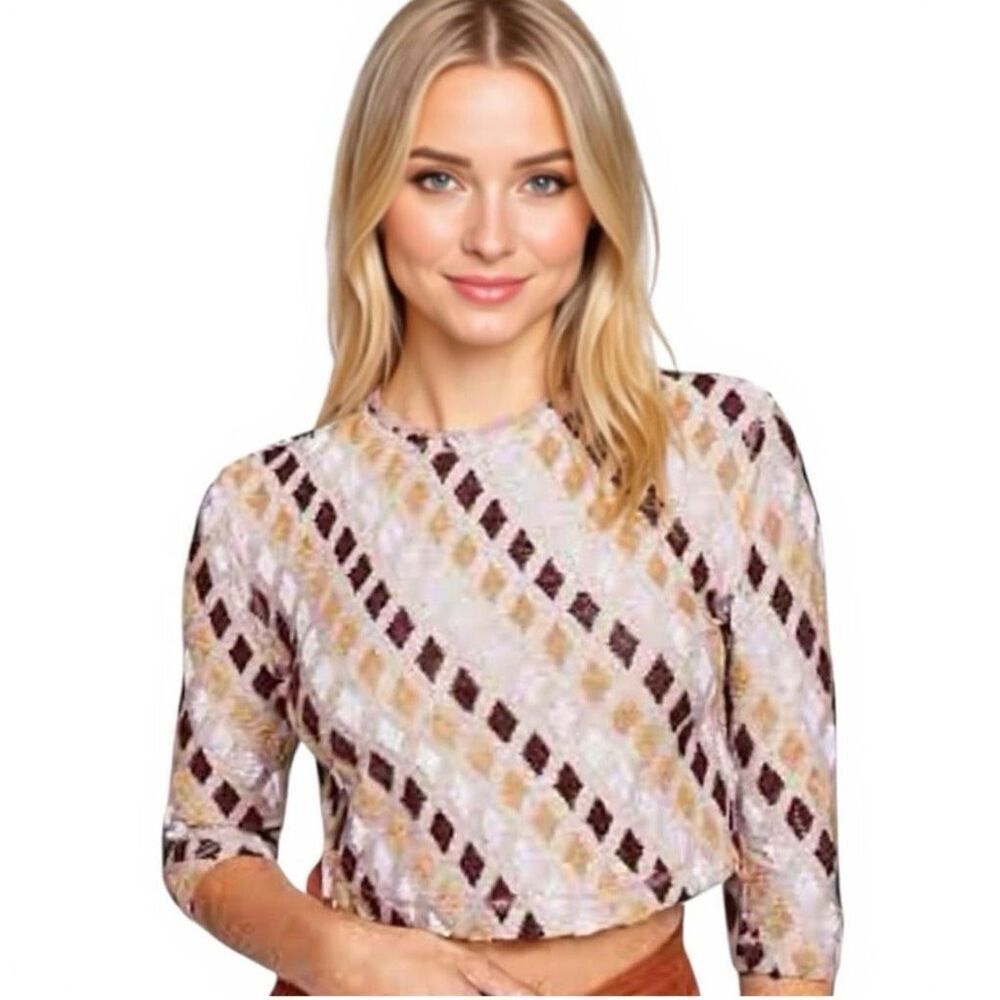 Free People 3/4 Sleeve‎ Magic Carpet Chenille Diamond Textured Crop Top